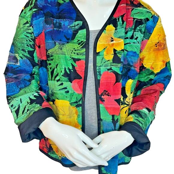 Chico's Jackets & Blazers - Chicos Linen Silk Open Jacket Black Colorful Floral Print Raw Edge Arty Sz 1 M 8